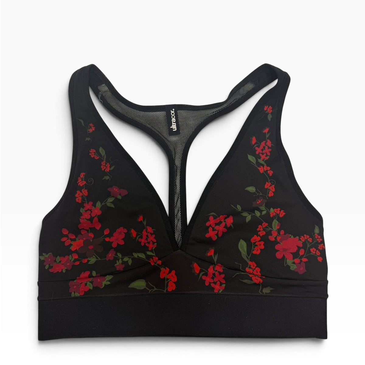 Ultracor Ultra High Floral Mesh Racerback Sports Bra | Black & Red | Size L