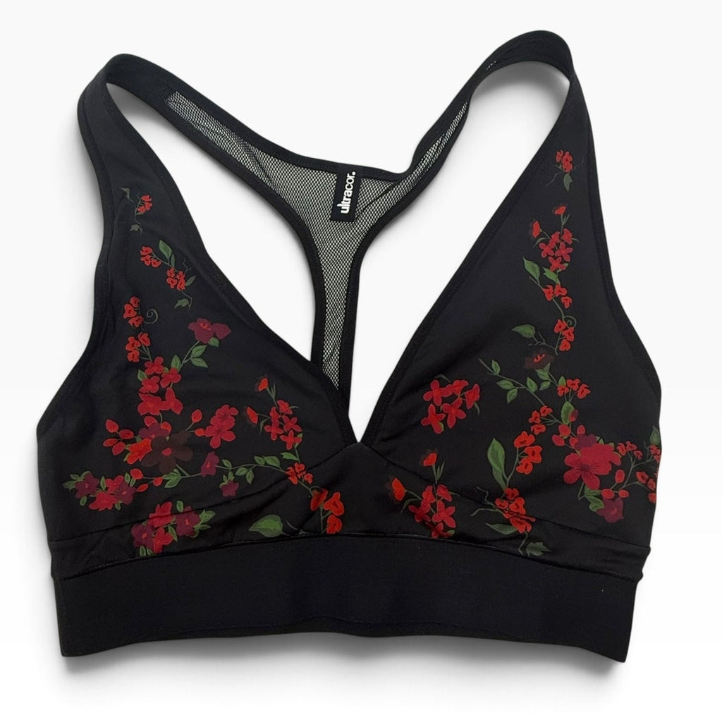 Ultracor Black Red Floral Plunge Mesh Racerback Sports Bra Size XL NWOT