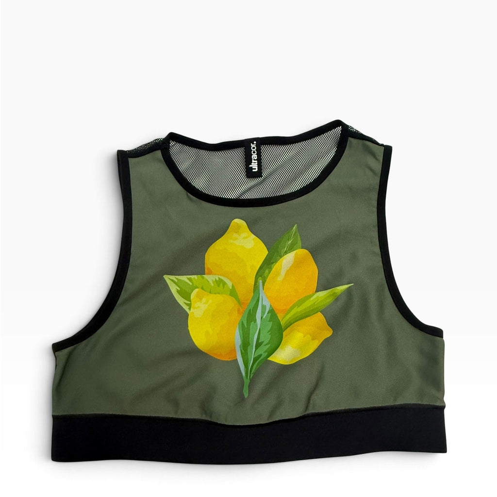 Ultracor Lemon Print Sports Bra Crop Top S NWOT Olive Green Mesh High Neck