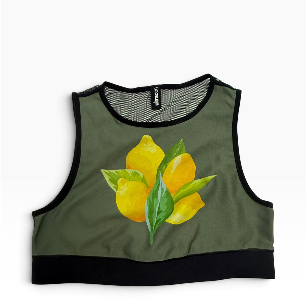 Ultracor Lemon Print Sports Bra Crop Top S NWOT Olive Green Mesh High Neck