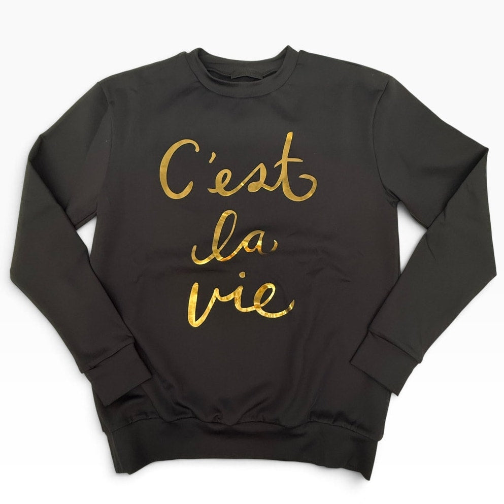 Ultracor C'est La Vie Gold Foil Black Crewneck Sweatshirt Lined Women's XS NWOT