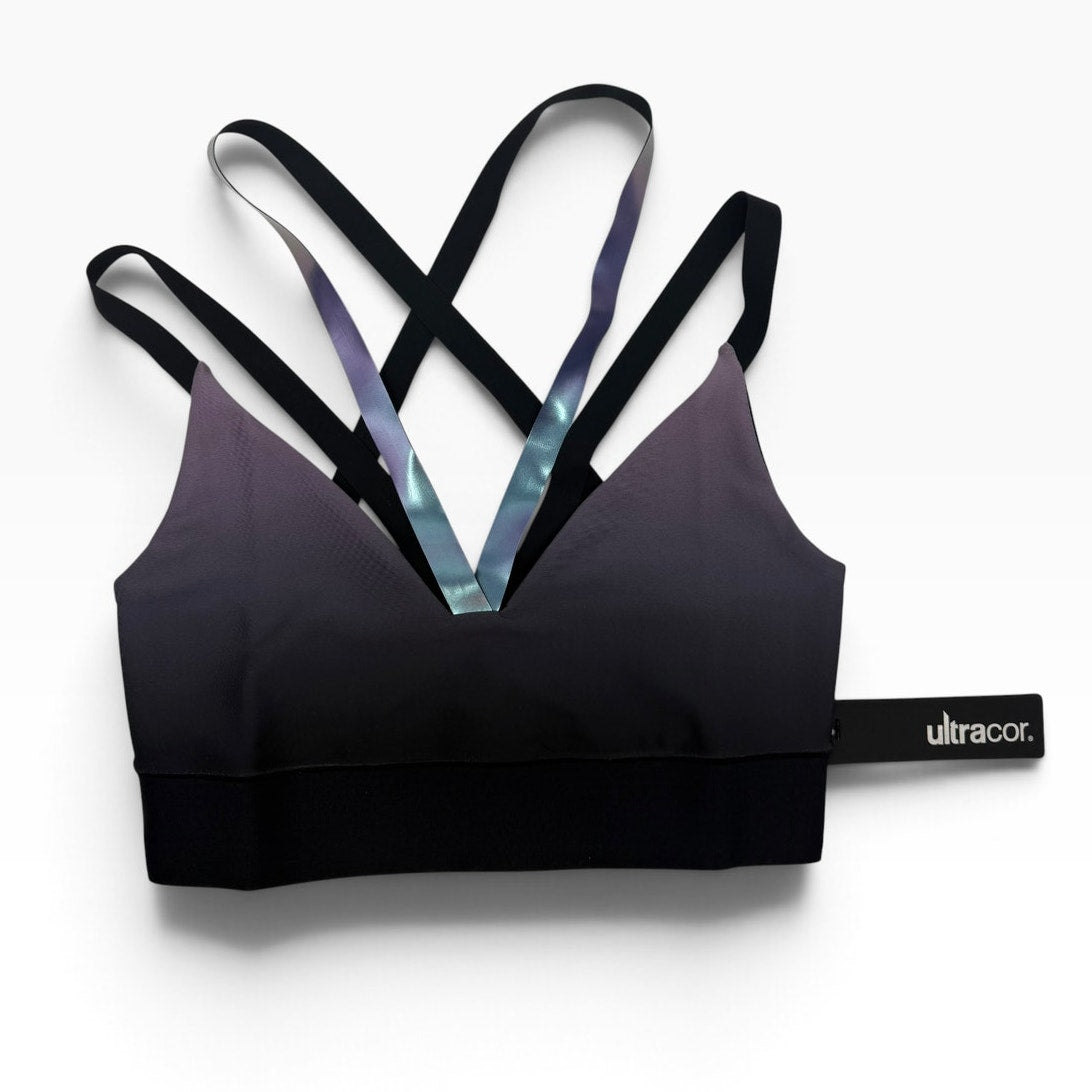 Ultracor Strappy Sports Bra S Plum Black Ombre Iridescent Cross Back NWT Luxury