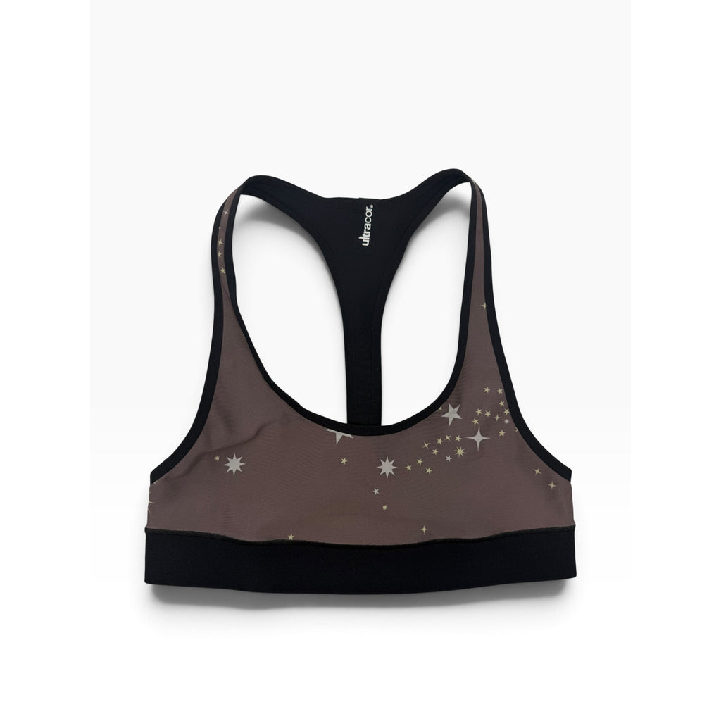 Ultracor Racerback Sports Bra Size S Taupe Black Star Print Luxury Activewear