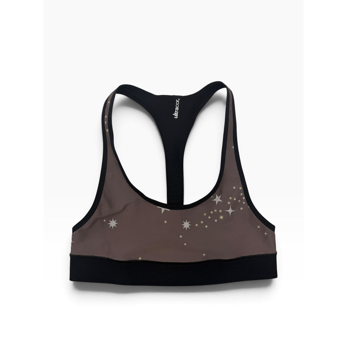 Ultracor Racerback Sports Bra Size S Taupe Black Star Print Luxury Activewear