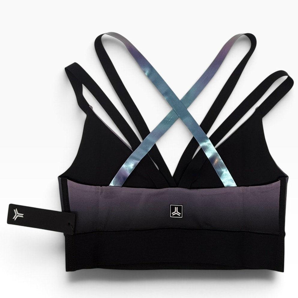 Ultracor Strappy Sports Bra S Plum Black Ombre Iridescent Cross Back NWT Luxury