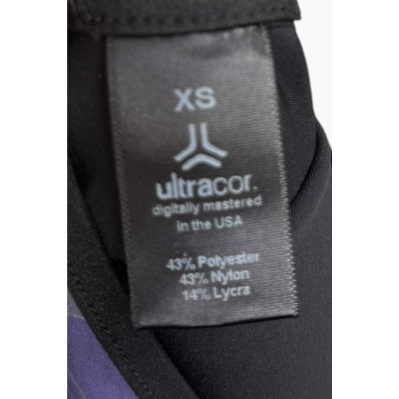 Ultracor Biker Unitard XS Geometric Prism Print Navy Purple Grey Mesh Back NWOT
