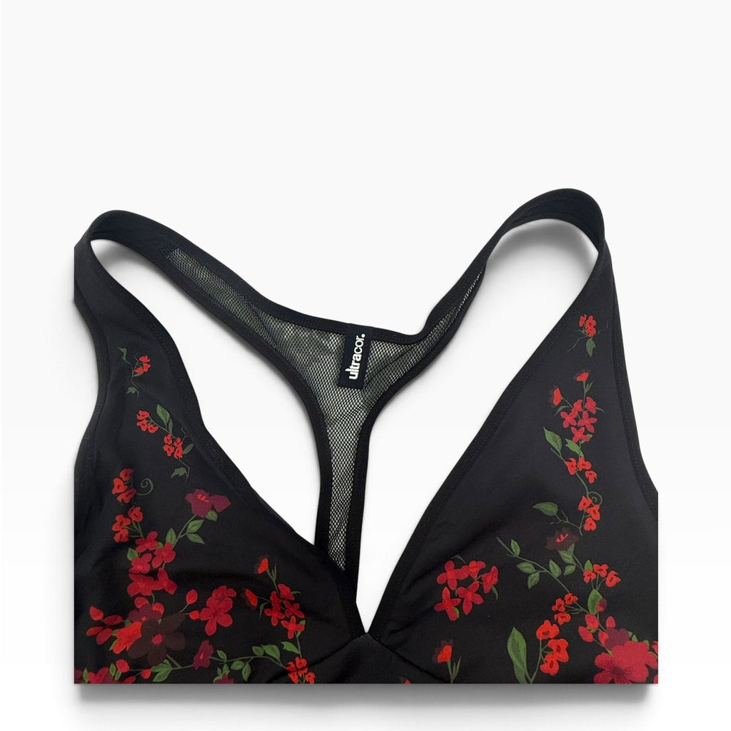 Ultracor Black Red Floral Plunge Mesh Racerback Sports Bra Size XL NWOT