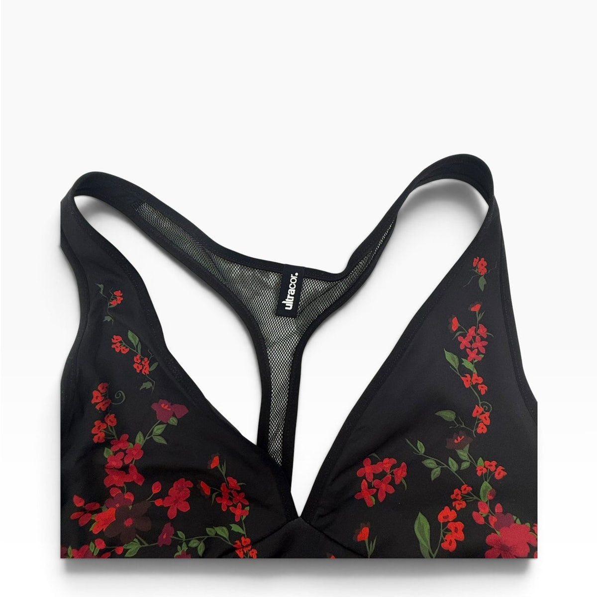 Ultracor Black Red Floral Plunge Mesh Racerback Sports Bra Size XL NWOT
