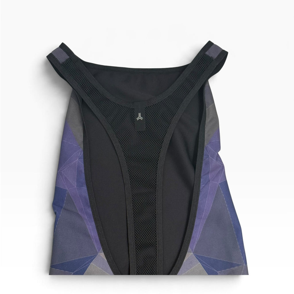 Ultracor Biker Unitard XS Geometric Prism Print Navy Purple Grey Mesh Back NWOT