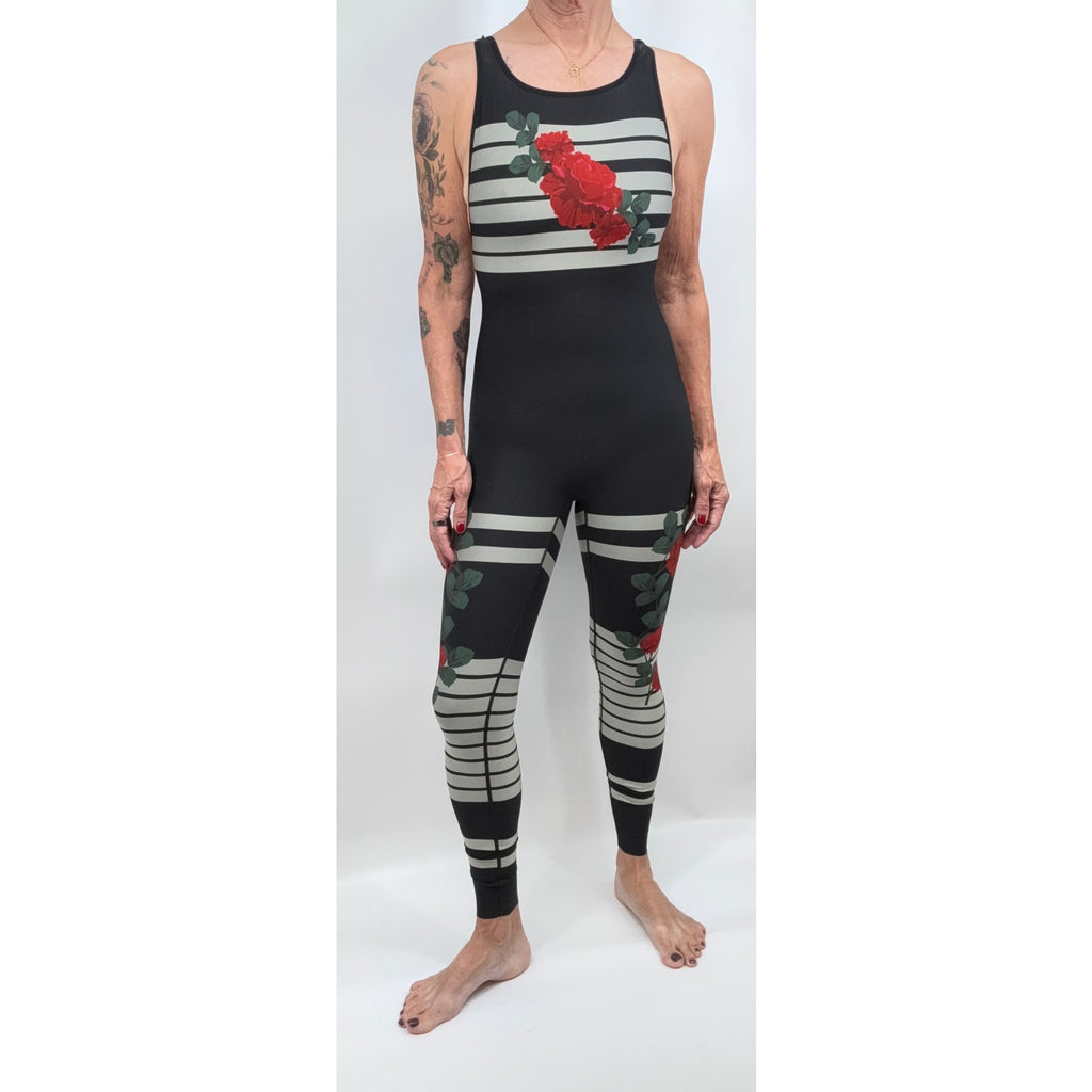 Ultracor Unitard Jumpsuit Womens S Black Red Rose Floral Stripe Mesh Racerback NWOT