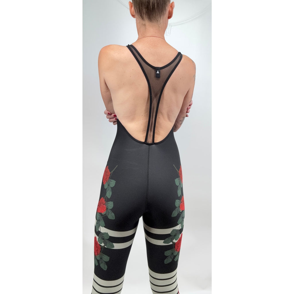 Ultracor Unitard Jumpsuit Womens S Black Red Rose Floral Stripe Mesh Racerback NWOT