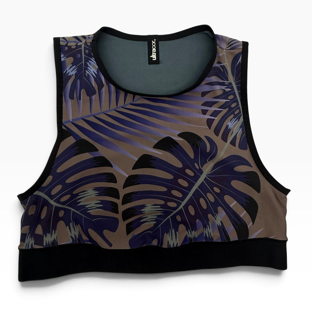 Ultracor Tropical Palm Monstera Print Crop Top Purple Taupe Black Women's S NWOT