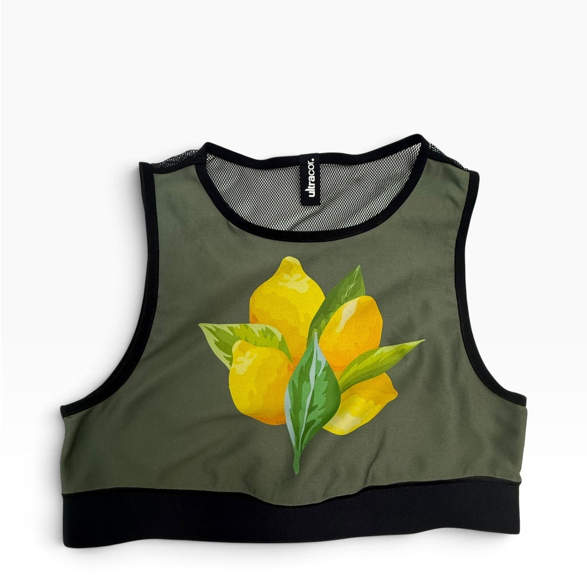Ultracor Lemon Print Sports Bra Crop Top S NWOT Olive Green Mesh High Neck