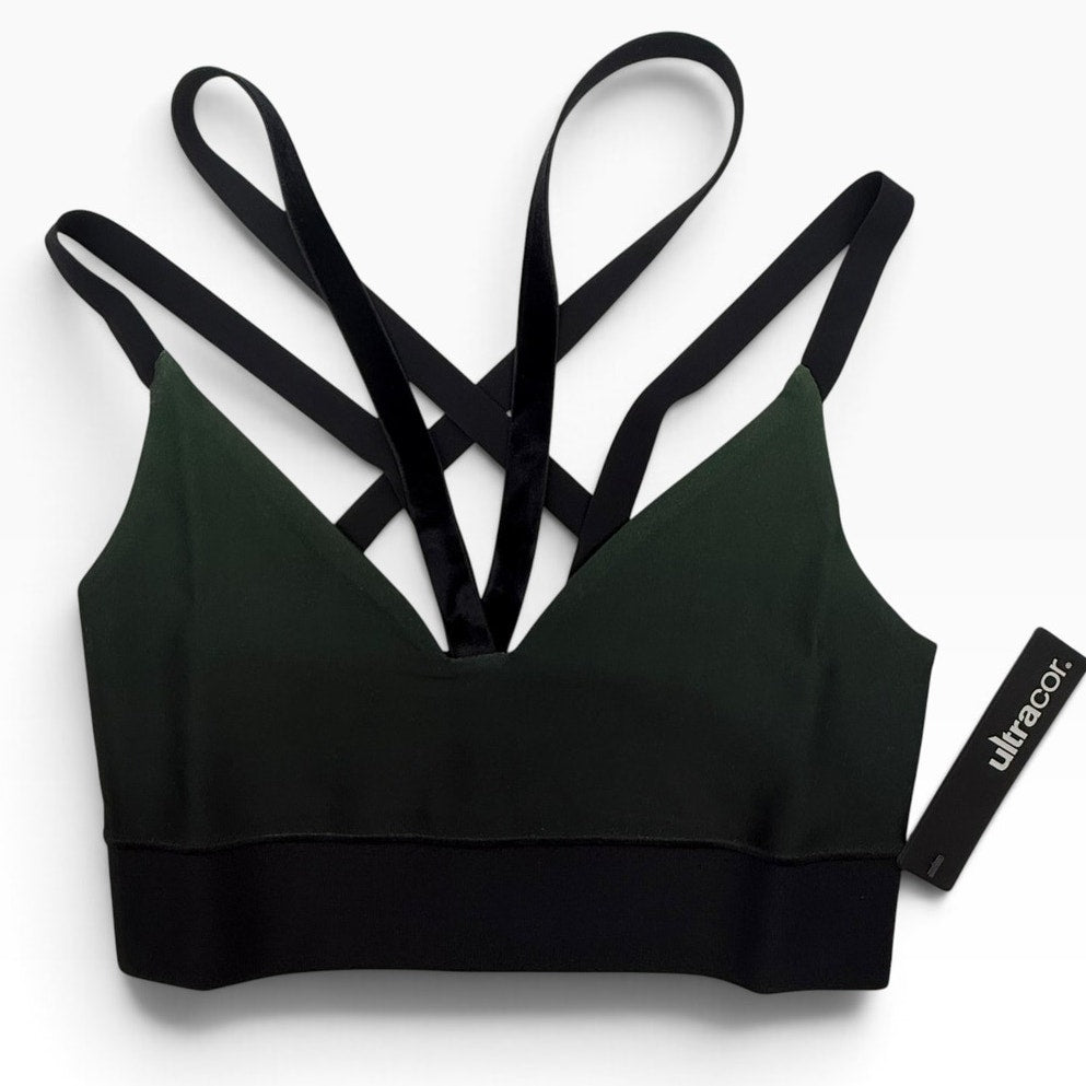 Ultracor Strappy Sports Bra XS Green Black Ombre Velvet Cross Strap NWT Luxury