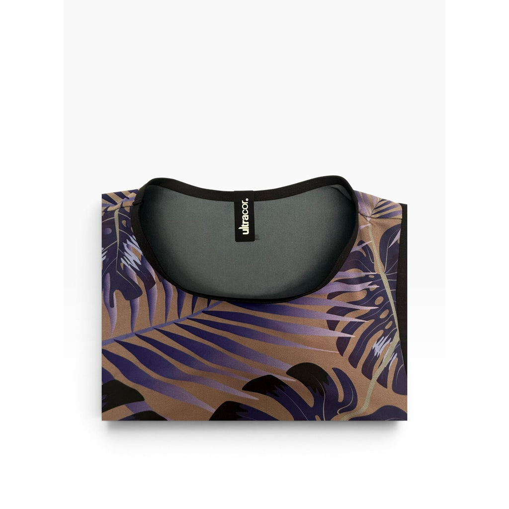 Ultracor Tropical Palm Monstera Print Crop Top Purple Taupe Black Women's S NWOT