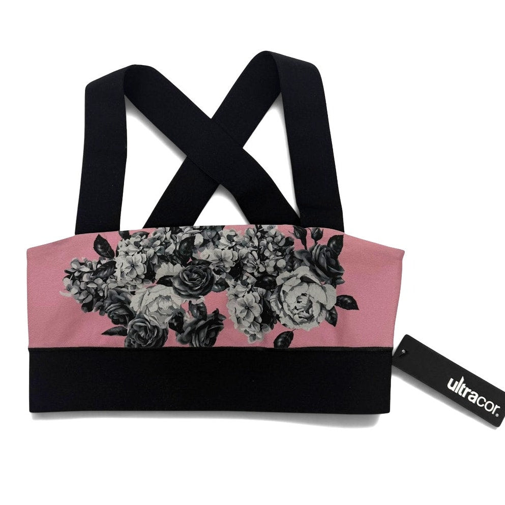 Ultracor Sports Bra XS NWT Pink Black White Rose Floral Crisscross Strap