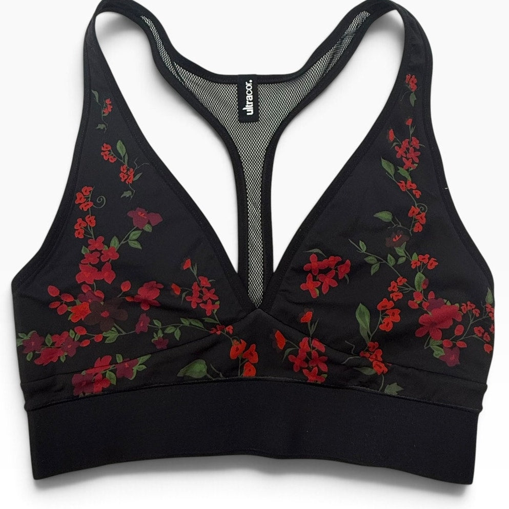 Ultracor Black Red Floral Plunge Mesh Racerback Sports Bra Size XL NWOT