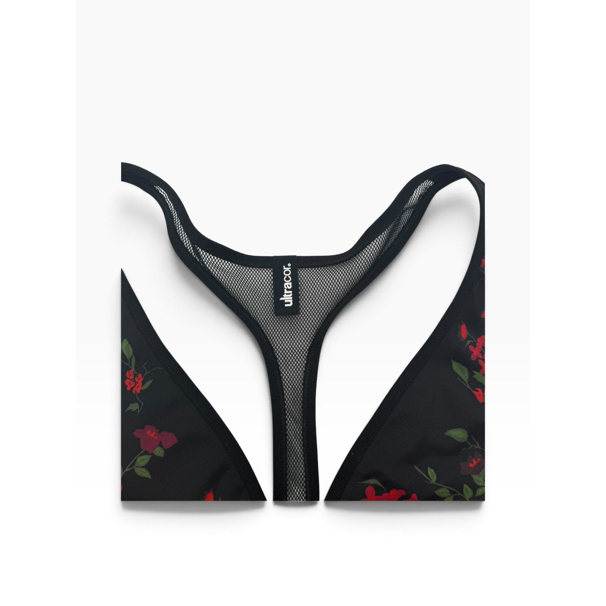 Ultracor Black Red Floral Plunge Mesh Racerback Sports Bra Size XL NWOT