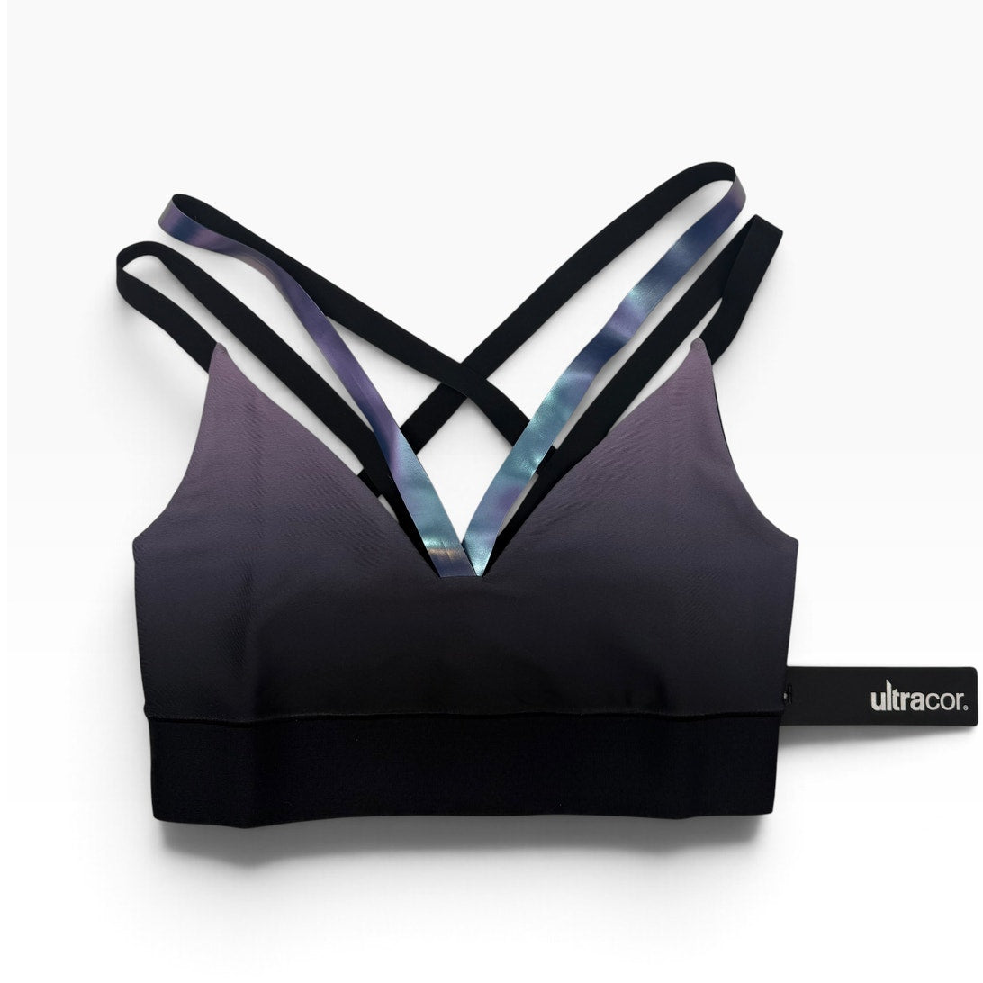 Ultracor Strappy Sports Bra S Plum Black Ombre Iridescent Cross Back NWT Luxury