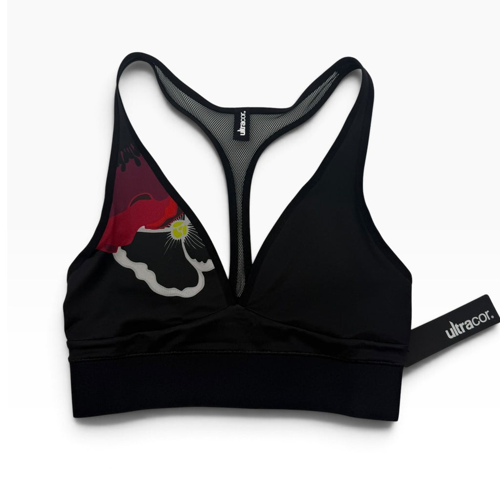 Ultracor Black Poppy Print Racerback Sports Bra Mesh Back Women's Small NWT