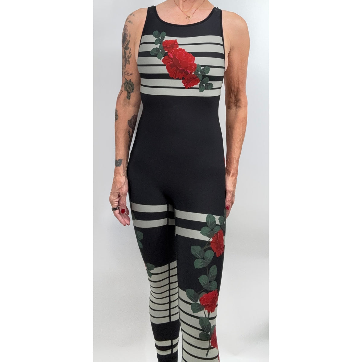Ultracor Unitard Jumpsuit Womens S Black Red Rose Floral Stripe Mesh Racerback NWOT